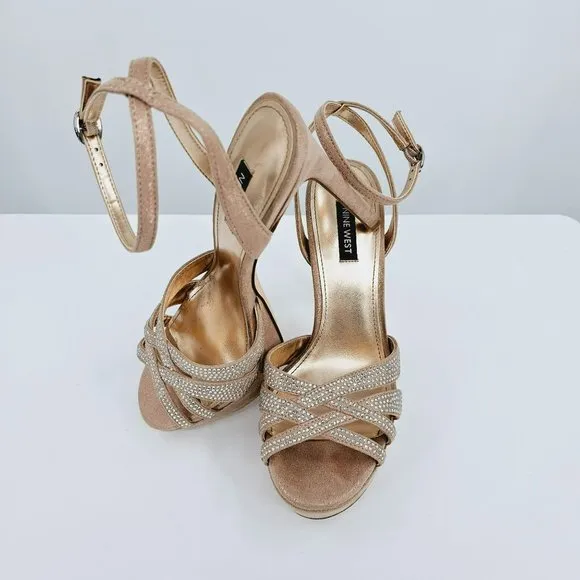 Nine West Wngobig2 Platform Sandals 8 Light Natural Glitter Pink Wedge Stilettos