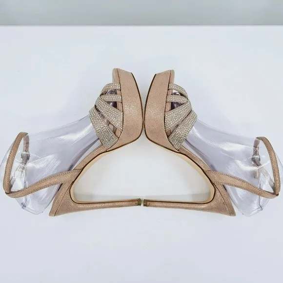 Nine West Wngobig2 Platform Sandals 8 Light Natural Glitter Pink Wedge Stilettos