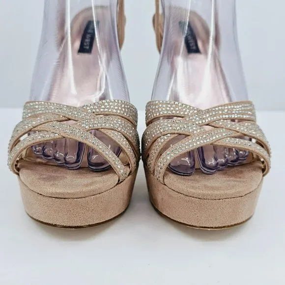 Nine West Wngobig2 Platform Sandals 8 Light Natural Glitter Pink Wedge Stilettos