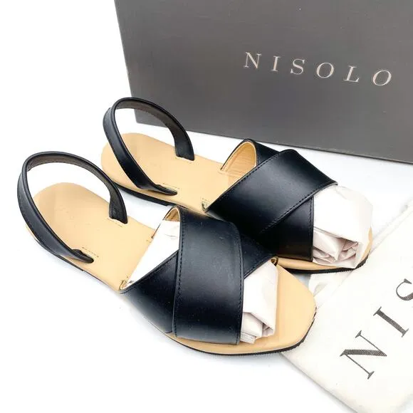 Nisolo All-Day Cross Strap Sandals Black Leather Slingback Flat Sz 6.5 Women's