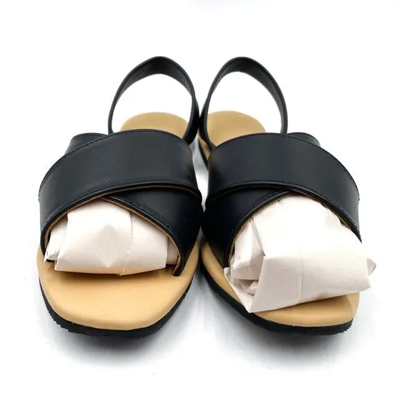Nisolo All-Day Cross Strap Sandals Black Leather Slingback Flat Sz 6.5 Women's