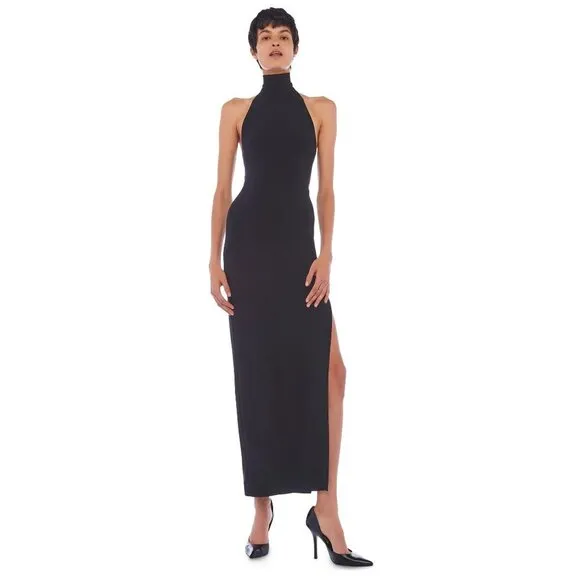 Norma Kamali Halter Turtle Side Slit Gown in Black Medium New Womens Maxi Dress