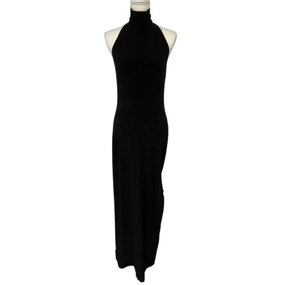 Norma Kamali Halter Turtle Side Slit Gown in Black Medium New Womens Maxi Dress