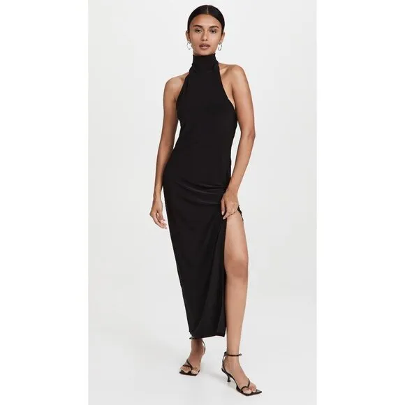 Norma Kamali Halter Turtle Side Slit Gown in Black Medium New Womens Maxi Dress