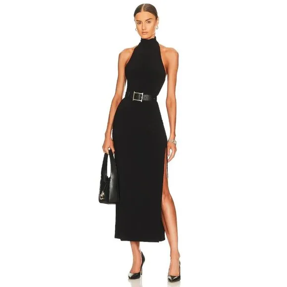 Norma Kamali Halter Turtle Side Slit Gown in Black Medium New Womens Maxi Dress
