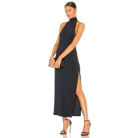 Norma Kamali Halter Turtle Side Slit Gown in Black Medium New Womens Maxi Dress