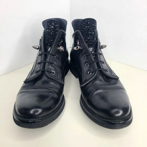 Nursace Womens Black Leather Slip On Rhinestone Ankle Boots Booties‎ Sz EU 37