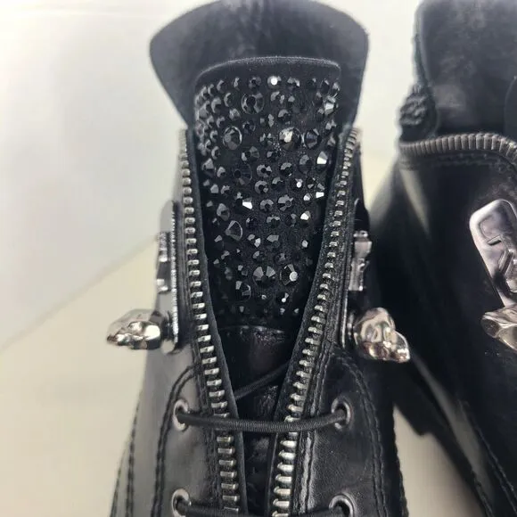 Nursace Womens Black Leather Slip On Rhinestone Ankle Boots Booties‎ Sz EU 37