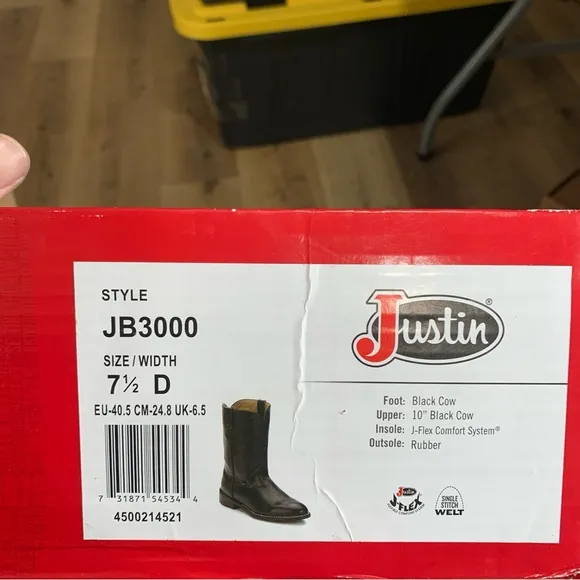 NWB Justin Men's Basics Roper Western Boots size 7.5 D black leather cowboy 3655