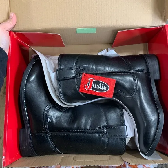 NWB Justin Men's Basics Roper Western Boots size 7.5 D black leather cowboy 3655