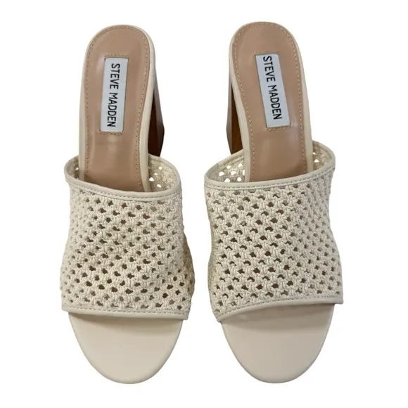 NWOB Steve Madden Cataleya Woven Net Wooden Block Heel Slide Sandals Size 9M