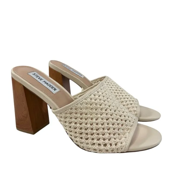 NWOB Steve Madden Cataleya Woven Net Wooden Block Heel Slide Sandals Size 9M