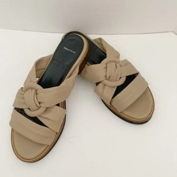 NWOT Aquatalia Italy Harley Leather Slip on Strappy Flat Summer Slide Sandals