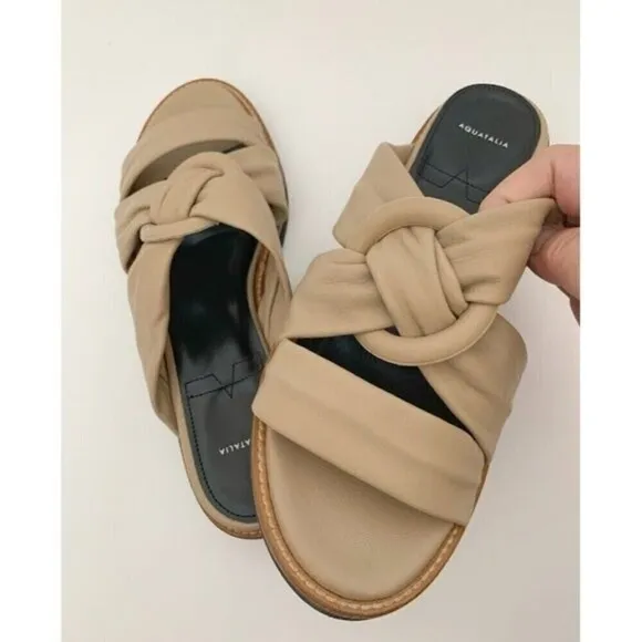 NWOT Aquatalia Italy Harley Leather Slip on Strappy Flat Summer Slide Sandals