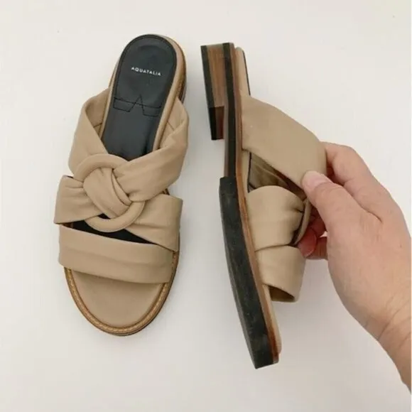 NWOT Aquatalia Italy Harley Leather Slip on Strappy Flat Summer Slide Sandals