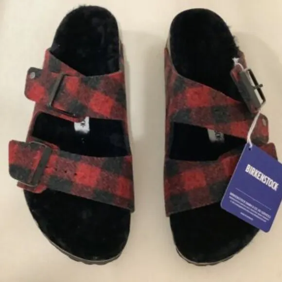 NWOT Birkenstock Women’s Arizona Rivet Black/Red Plaid Wool / Shearling Lined