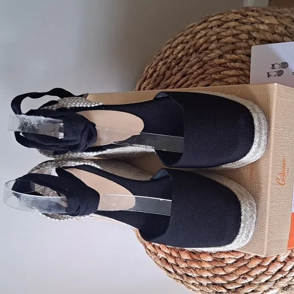 NWOT Castaner Womens Tina 3.25&quot; Wedge Black Canvas Espadrille Sandals EU38/US7.5