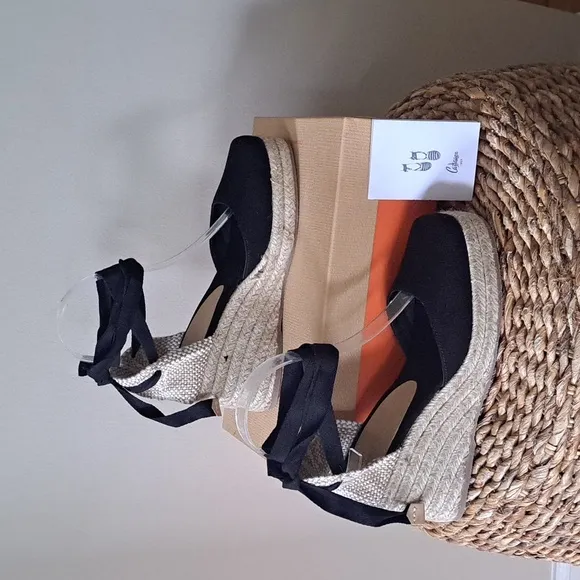 NWOT Castaner Womens Tina 3.25&quot; Wedge Black Canvas Espadrille Sandals EU38/US7.5