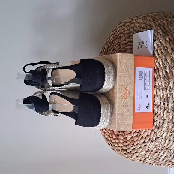 NWOT Castaner Womens Tina 3.25&quot; Wedge Black Canvas Espadrille Sandals EU38/US7.5