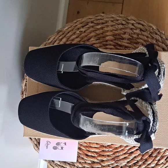 NWOT Castaner Womens Tina 3.25&quot; Wedge Black Canvas Espadrille Sandals EU38/US7.5