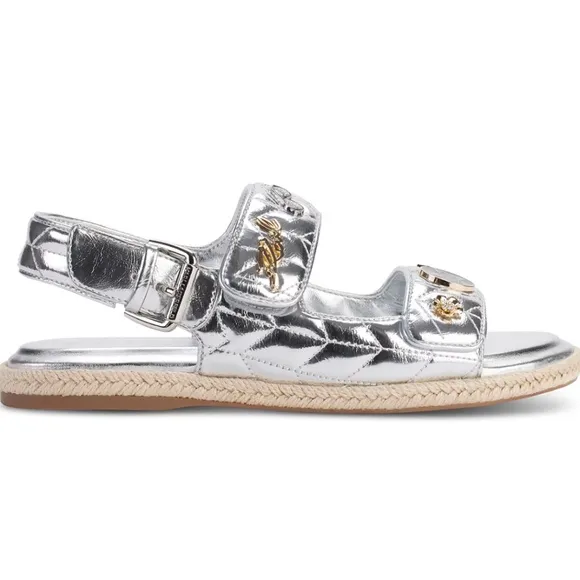 NWOT KARL LAGERFELD PARIS Metallic Silver Quilted Flat Sandals Size US 9
