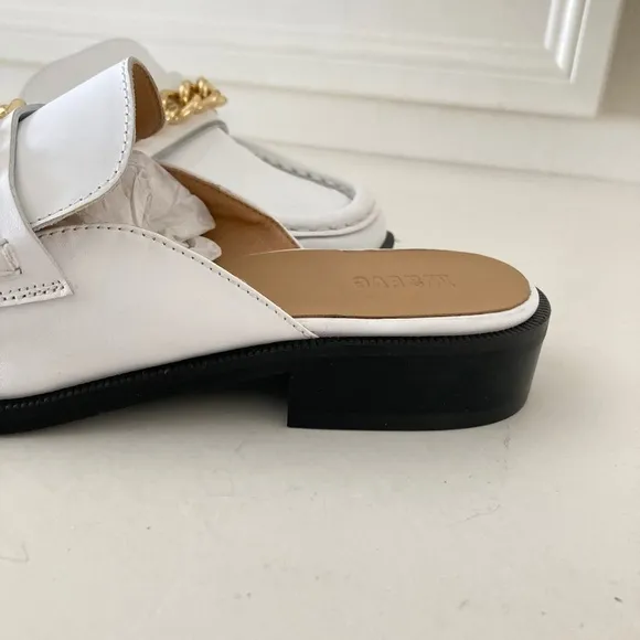 NWOT Maeve Anthropologie Slip On White Leather Gold Chain Loafers Sz 37