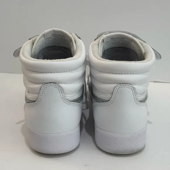 NWOT Reebok Freestyle Women’s High Top White/Silver Metallic Sneakers-8.5