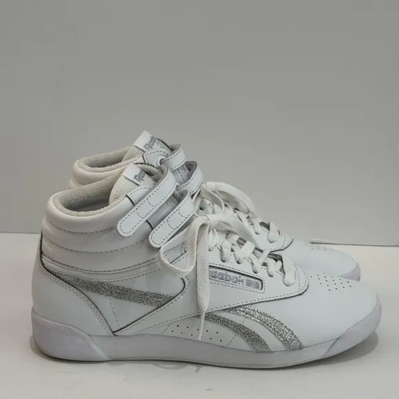 NWOT Reebok Freestyle Women’s High Top White/Silver Metallic Sneakers-8.5