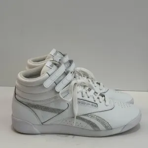 NWOT Reebok Freestyle Women’s High Top White/Silver Metallic Sneakers-8.5