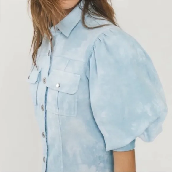 NWOT Something Navy Eleanor Puff Sleeve Button Down Denim Dress Size Small