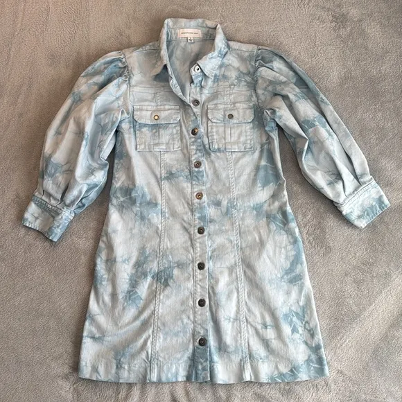 NWOT Something Navy Eleanor Puff Sleeve Button Down Denim Dress Size Small