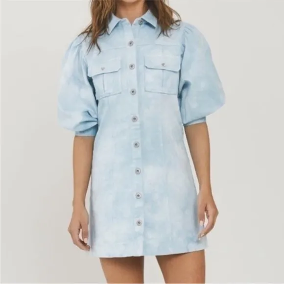 NWOT Something Navy Eleanor Puff Sleeve Button Down Denim Dress Size Small