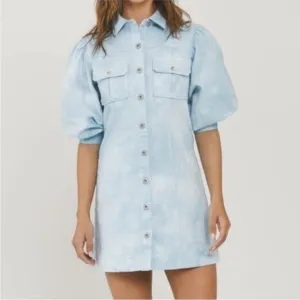 NWOT Something Navy Eleanor Puff Sleeve Button Down Denim Dress Size Small