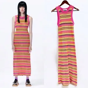 NWOT Zara Crochet Open Knit Colorful Striped High Neck Sleeveless Midi Dress s