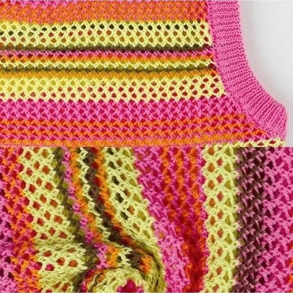 NWOT Zara Crochet Open Knit Colorful Striped High Neck Sleeveless Midi Dress s