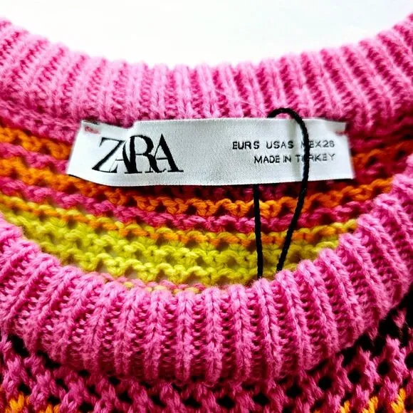 NWOT Zara Crochet Open Knit Colorful Striped High Neck Sleeveless Midi Dress s