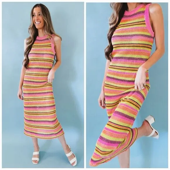 NWOT Zara Crochet Open Knit Colorful Striped High Neck Sleeveless Midi Dress s