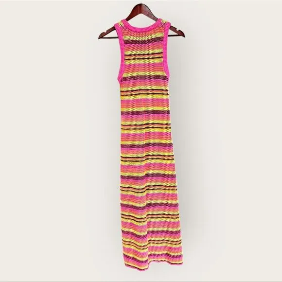 NWOT Zara Crochet Open Knit Colorful Striped High Neck Sleeveless Midi Dress s
