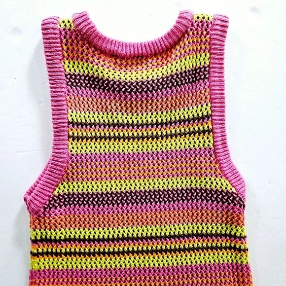 NWOT Zara Crochet Open Knit Colorful Striped High Neck Sleeveless Midi Dress s