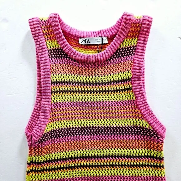 NWOT Zara Crochet Open Knit Colorful Striped High Neck Sleeveless Midi Dress s