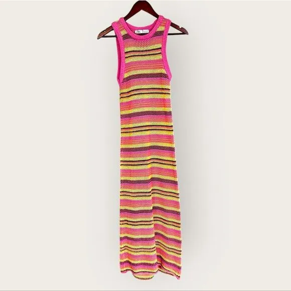 NWOT Zara Crochet Open Knit Colorful Striped High Neck Sleeveless Midi Dress s