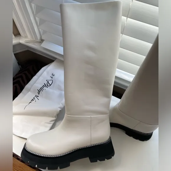 🤍NWT 3.1 Phillip Lim Kate Lug-sole Tube Boots in leather white black, 39, 9 US