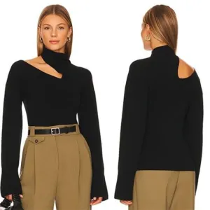 NWT A.L.C. Edith Rib Knit Turtleneck Pullover Cutout Shoulder Black Sweater