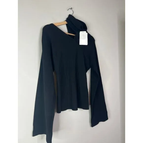 NWT A.L.C. Edith Rib Knit Turtleneck Pullover Cutout Shoulder Black Sweater