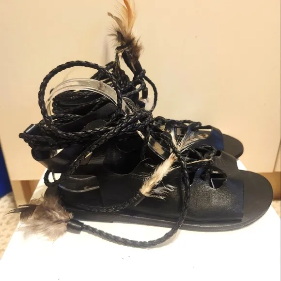 NWT Ancient Greek   Caravana &quot;Antigone&quot; Blk Leather Gladiator Sandals Sz.7 $330