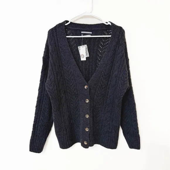🛍️NWT Anthropologie Classic Pointelle Cardigan Charcoal Grey Button Front small