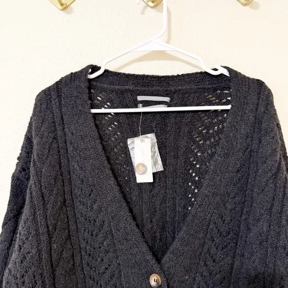 🛍️NWT Anthropologie Classic Pointelle Cardigan Charcoal Grey Button Front small