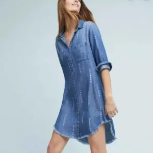 NWT Anthropologie Cloth &amp; Stone Patterned Raw Edge Denim Chambray Shirtdress XS