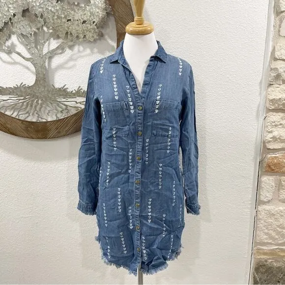 NWT Anthropologie Cloth &amp; Stone Patterned Raw Edge Denim Chambray Shirtdress XS