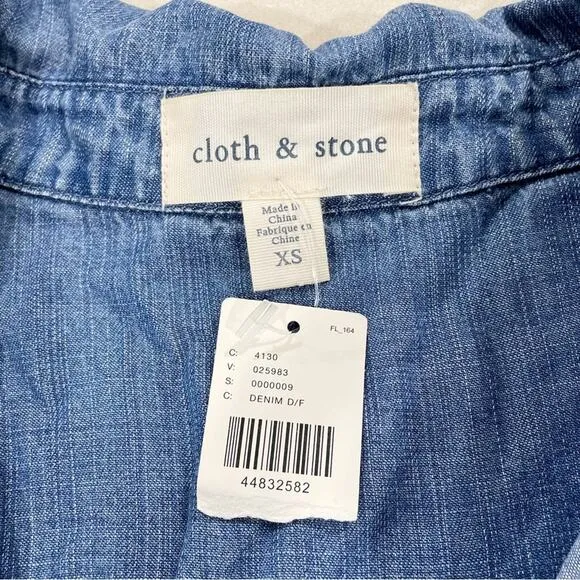 NWT Anthropologie Cloth &amp; Stone Patterned Raw Edge Denim Chambray Shirtdress XS